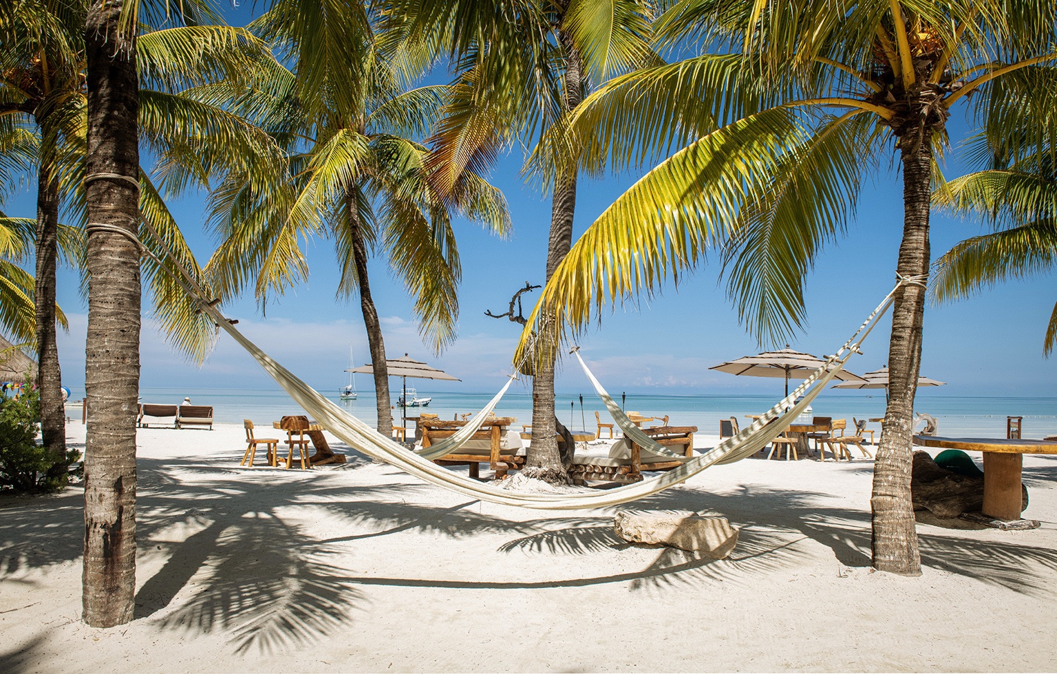 Beach restaurant with hammocks under palm trees