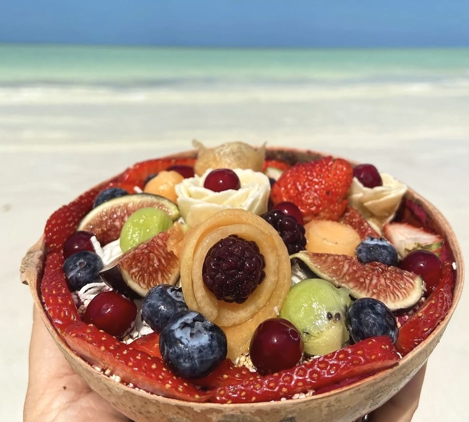 Fresh fruit bowl by the sea